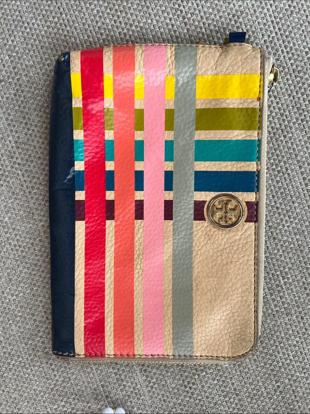 Tory Burch Multistripe Leather Zip Around Pouch in Navy, Red, Pink & Yellow
